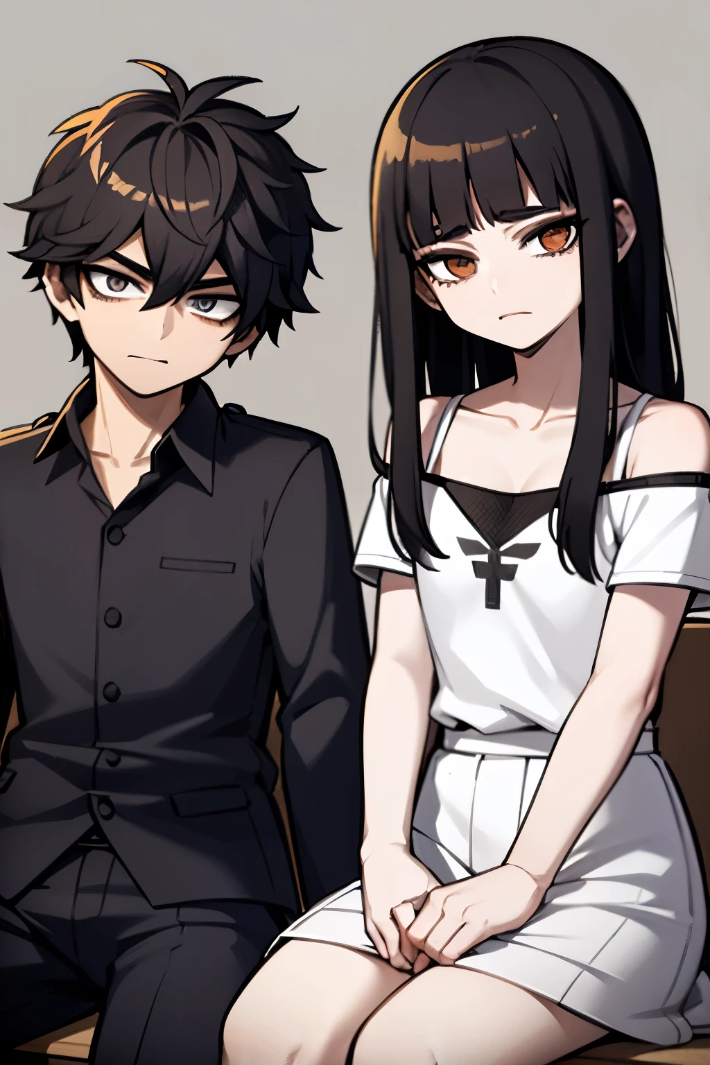 18-year-old boy, with black hair, with bangs, an eyebrow piercing and white skin, sitting next to another 17-year-old boy, with short, light brown hair and white skin. Both looking at the camera seductively.