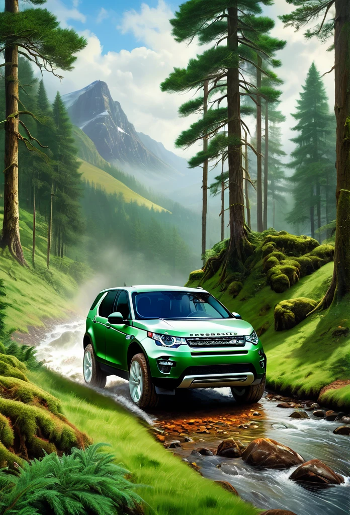 Create a picture of the 2024 Land Rover Discovery Sport crawling the highland with the lush green towering Pinus merkusii forest, oil on canvas painting with Don Lawrence photorealistic style, octane render