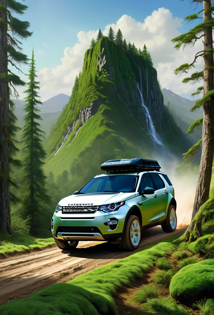 Create a picture of the 2024 Land Rover Discovery Sport crawling the highland with the lush green towering Pinus merkusii forest, oil on canvas painting with Don Lawrence photorealistic style, octane render