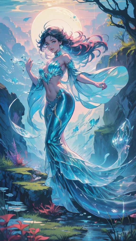 high details, best quality, 16k, [ultra detailed], masterpiece, best quality, (extremely detailed), full body, ultra wide shot, RAW, photorealistic, fantasy art, dnd art, rpg art, realistic art, an ultra wide picture of a mermaid (1.5 intricate details, Masterpiece, best quality) water mage casting ((water control spell)), water wizard ((water magic, intense magic details)), ((controlling a swirling mass of water)), magical symbols GlowingRunes_pink, female mermaid, blue skin, green hair, long hair, swirling hair, intense eyes, small pointed ears, ((blue eyes)), ((glowing eyes)), armed with magical wand, wearing sea shell clothing, beautiful mermaid, underwater background, rich underwater life, ((magical atmosphere)), fish and sea weeds, high details, best quality, highres, ultra wide angle