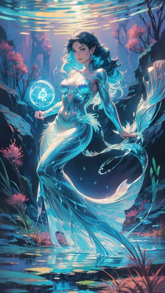 high details, best quality, 16k, [ultra detailed], masterpiece, best quality, (extremely detailed), full body, ultra wide shot, RAW, photorealistic, fantasy art, dnd art, rpg art, realistic art, an ultra wide picture of a mermaid (1.5 intricate details, Masterpiece, best quality) water mage casting ((water control spell)), water wizard ((water magic, intense magic details)), ((controlling a swirling mass of water)), magical symbols GlowingRunes_pink, female mermaid, blue skin, green hair, long hair, swirling hair, intense eyes, small pointed ears, ((blue eyes)), ((glowing eyes)), armed with magical wand, wearing sea shell clothing, beautiful mermaid, underwater background, rich underwater life, ((magical atmosphere)), fish and sea weeds, high details, best quality, highres, ultra wide angle