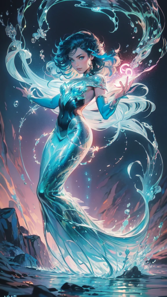 high details, best quality, 16k, [ultra detailed], masterpiece, best quality, (extremely detailed), full body, ultra wide shot, RAW, photorealistic, fantasy art, dnd art, rpg art, realistic art, an ultra wide picture of a mermaid (1.5 intricate details, Masterpiece, best quality) water mage casting ((water control spell)), water wizard ((water magic, intense magic details)), ((controlling a swirling mass of water)), magical symbols GlowingRunes_pink, female mermaid, blue skin, green hair, long hair, swirling hair, intense eyes, small pointed ears, ((blue eyes)), ((glowing eyes)), armed with magical wand, wearing sea shell clothing, beautiful mermaid, underwater background, rich underwater life, ((magical atmosphere)), fish and sea weeds, high details, best quality, highres, ultra wide angle