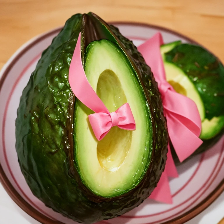A tender avocado, with a pink bow and tender eyes