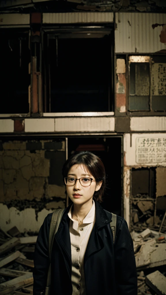 subway,Showa,Collapse,Devastation,Inside the ruins,Glasses,Women,adventure,Black and White,
