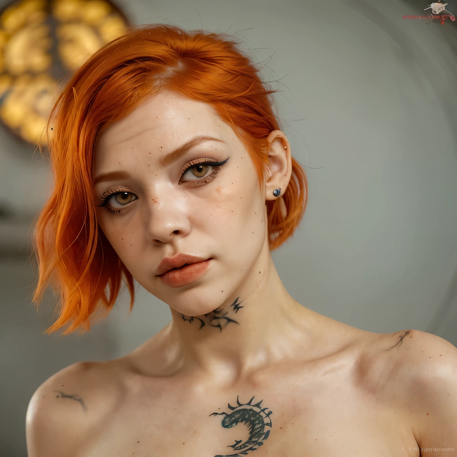 dragon tattoo on left side of neck. Olhos amarelos profundos e marcantes com pupilas pretas pequenas. faded orange red hair messy cut. Full lips and long upper and lower lashes.