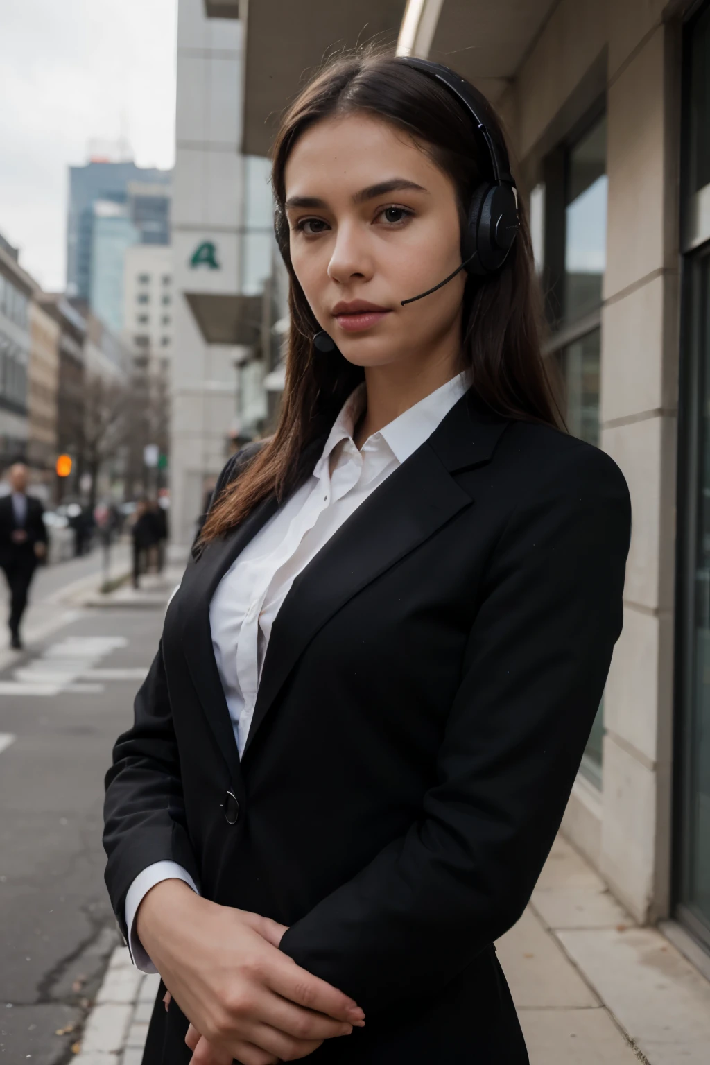 create a black security guard in a black suit and tie using a headset in front of a company 