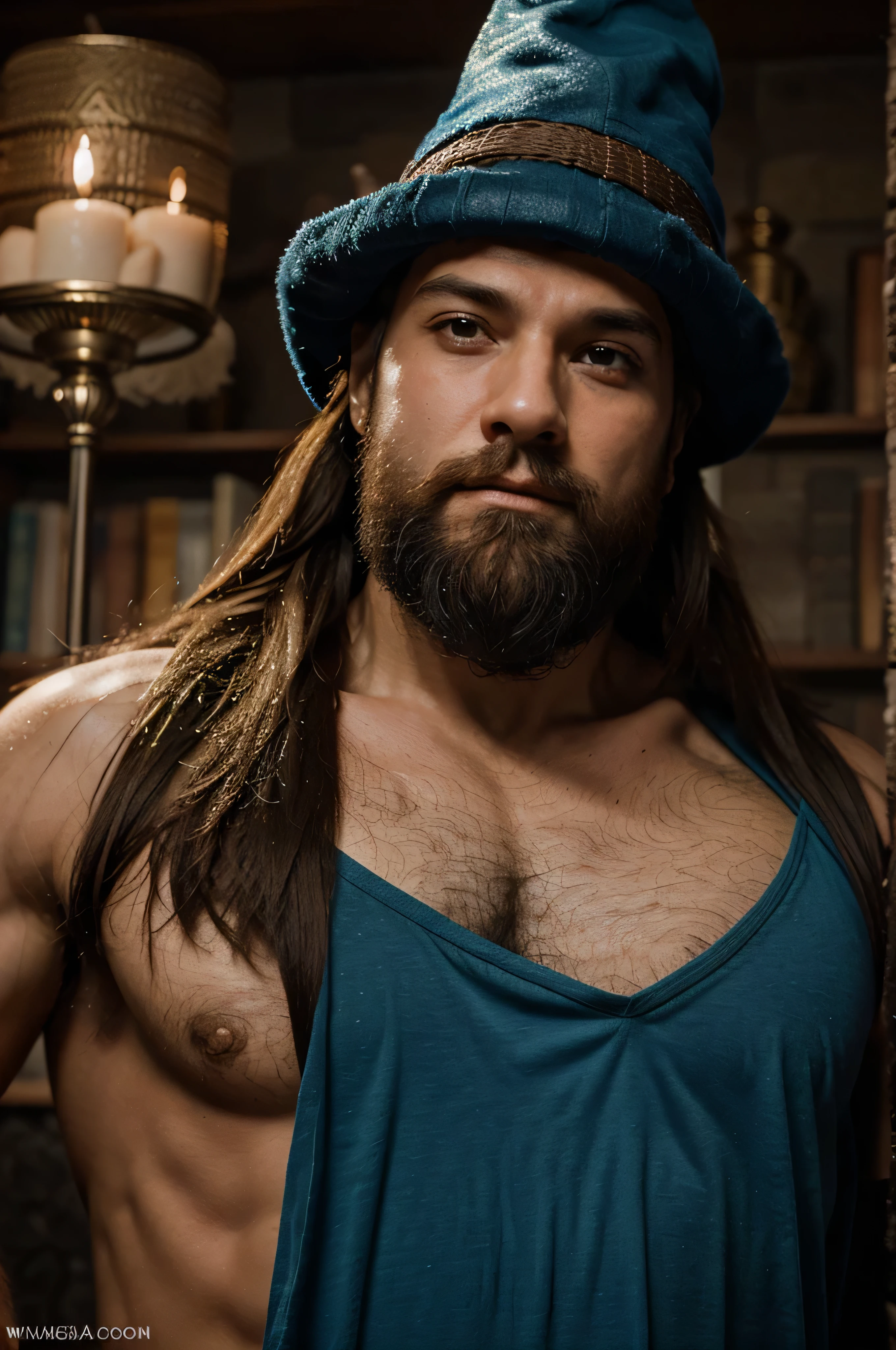 Homem sem camisa, musculoso, com cara de mago, wizard beard and wizard hat