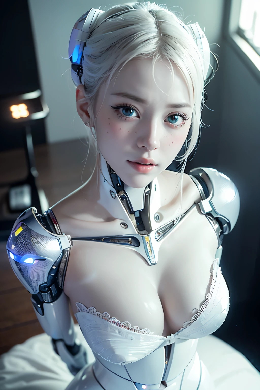 top-quality、​masterpiece、超A high resolution、(Photorealsitic:1.4)、(cyborg:1.6), ((view from above)), Raw photo、1 cyborg Girl、angelic face, perfect detailed hair, (Fine White porcelain cyborg body:1.6) with chinese blue and white patterns、white hair、high tech, glowy skin、((super realistic details))、portlate、global illumination、Shadows、octane render、8K、ultrasharp、character edge light, Colossal 、Raw skin is exposed in cleavage、Details of complex ornaments、Double Zeta Gundam details、highly intricate details、Realistic light、radiant eyes、Facing the camera