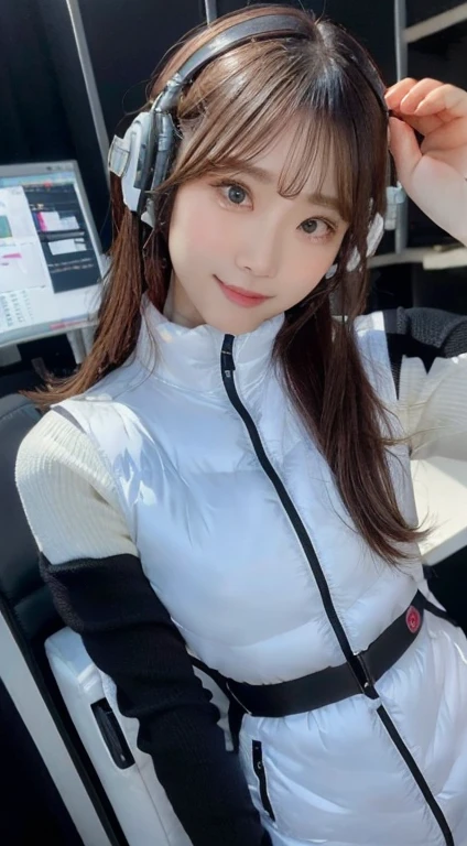 An innocent 20-year-old girl、((White tank top, Dramatic Pose)),smile,BREAK (Spacecraft control room background):2,、BREAK RAW Photos, (8k、highest quality、masterpiece:1.2)、(Intricate details:1.4)、(Photorealistic:1.4)、Octane Rendering、Complex 3D rendering with ultra-detail, Studio Soft Light, Rim Light, Vivid details, Super Detail, Realistic skin texture, Detailed aspect, Beautiful details in the eyes, Highly detailed CG Unity 16k wallpaper, compensate, (Detailed Background:1.2), Glowing Skin, whole body、(astrovest):2,(black long sleeves):5,headphone,smartwatch,((Standing with hands behind back、Leaning forward、Angle from above))
