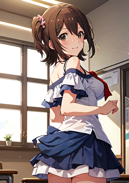 Mirai Kasuga, (highest quality, 8k, masterpiece, Very detailed:1.2), (Lens flare, Particles of light, Shine), Big Breasts, smile, Open your mouth, masterpiece, highest quality, Very detailed, High resolution, Very detailedなCG, (Official Art), Off the shoulder, ,(Embarrassing:1.1), (blush:1.2), Open your mouth, (shout:1.1), (Moving lines:1.1), blue sky, School classroom