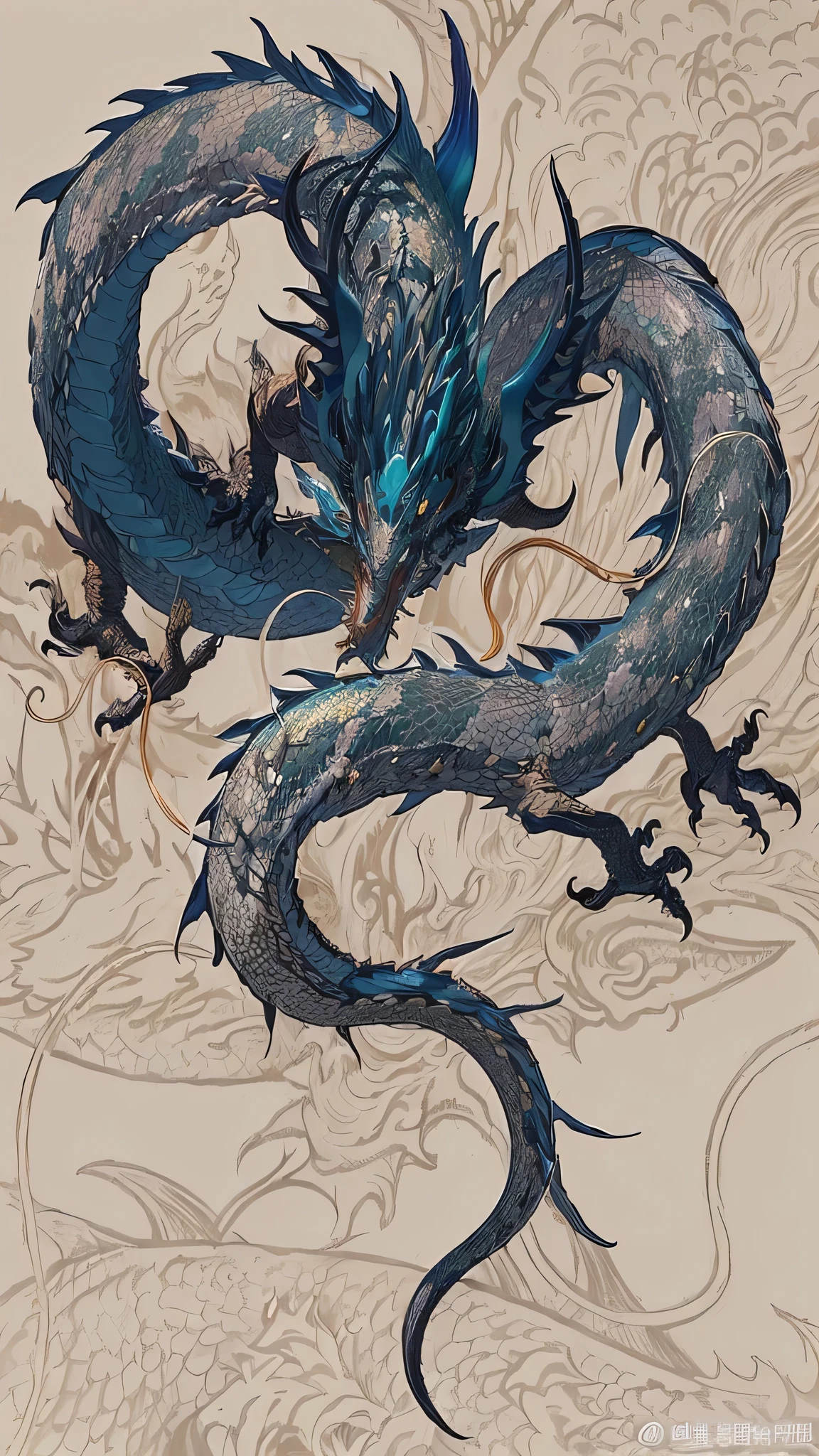 a close up of a dragon with a long tail on a beige background, chinese dragon concept art, dragon art, majestic japanese dragon, cyan chinese dragon fantasy, highly detailed and colored, inspired by Nōami, highly detailed illustration, dragon mawshot art, dragon peacock. intricate, hajime sorayama aaron horkey, inspired by Sōami