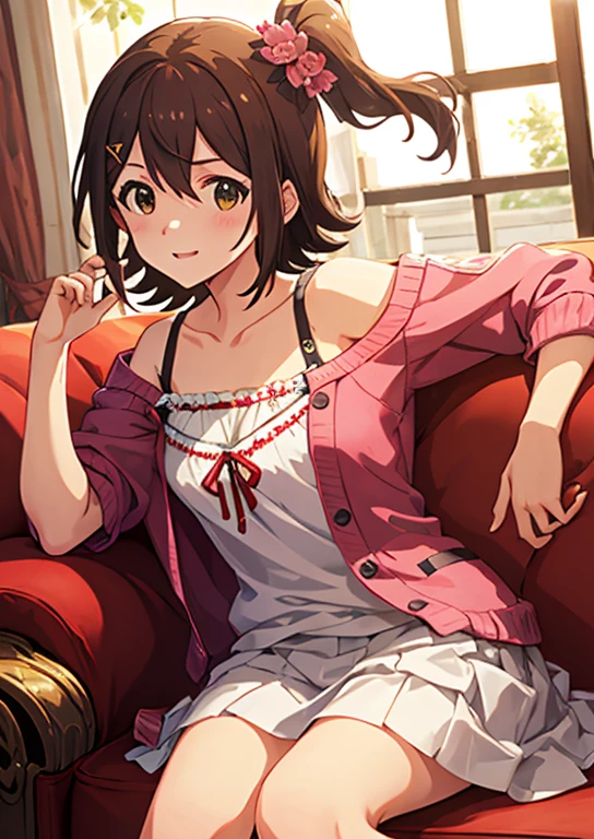 Mirai Kasuga, (highest quality, 8k, masterpiece, Very detailed:1.2), (Lens flare, Particles of light, Shine), Big Breasts, smile, Open your mouth, masterpiece, highest quality, Very detailed, High resolution, Very detailedなCG, (Official Art), Off the shoulder, White camisole, Pleated skirt,(Embarrassing:1.1), (blush:1.2), Open your mouth, (shout:1.1), (Moving lines:1.1),  sofa, pillow