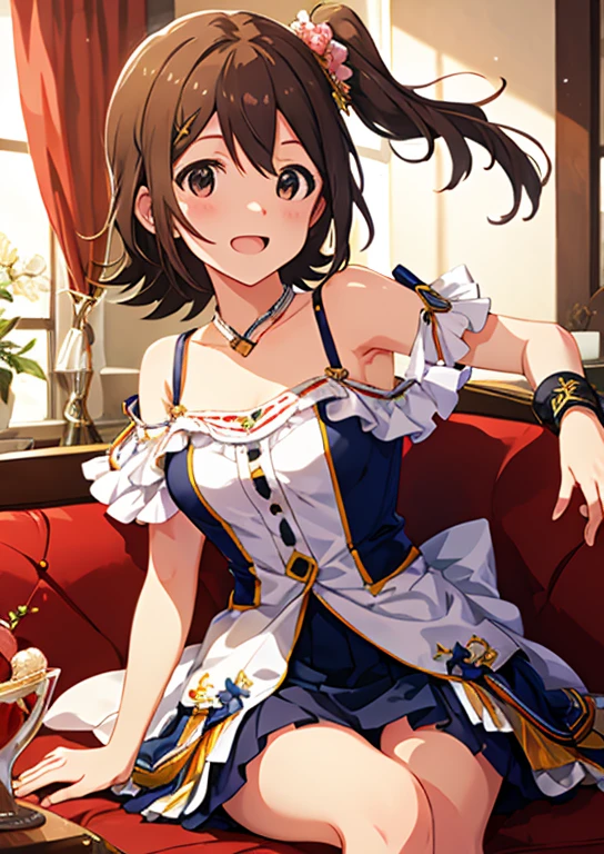 Mirai Kasuga, (highest quality, 8k, masterpiece, Very detailed:1.2), (Lens flare, Particles of light, Shine), Big Breasts, smile, Open your mouth, masterpiece, highest quality, Very detailed, High resolution, Very detailedなCG, (Official Art), Off the shoulder, White camisole, Pleated skirt,(Embarrassing:1.1), (blush:1.2), Open your mouth, (shout:1.1), (Moving lines:1.1),  sofa, pillow