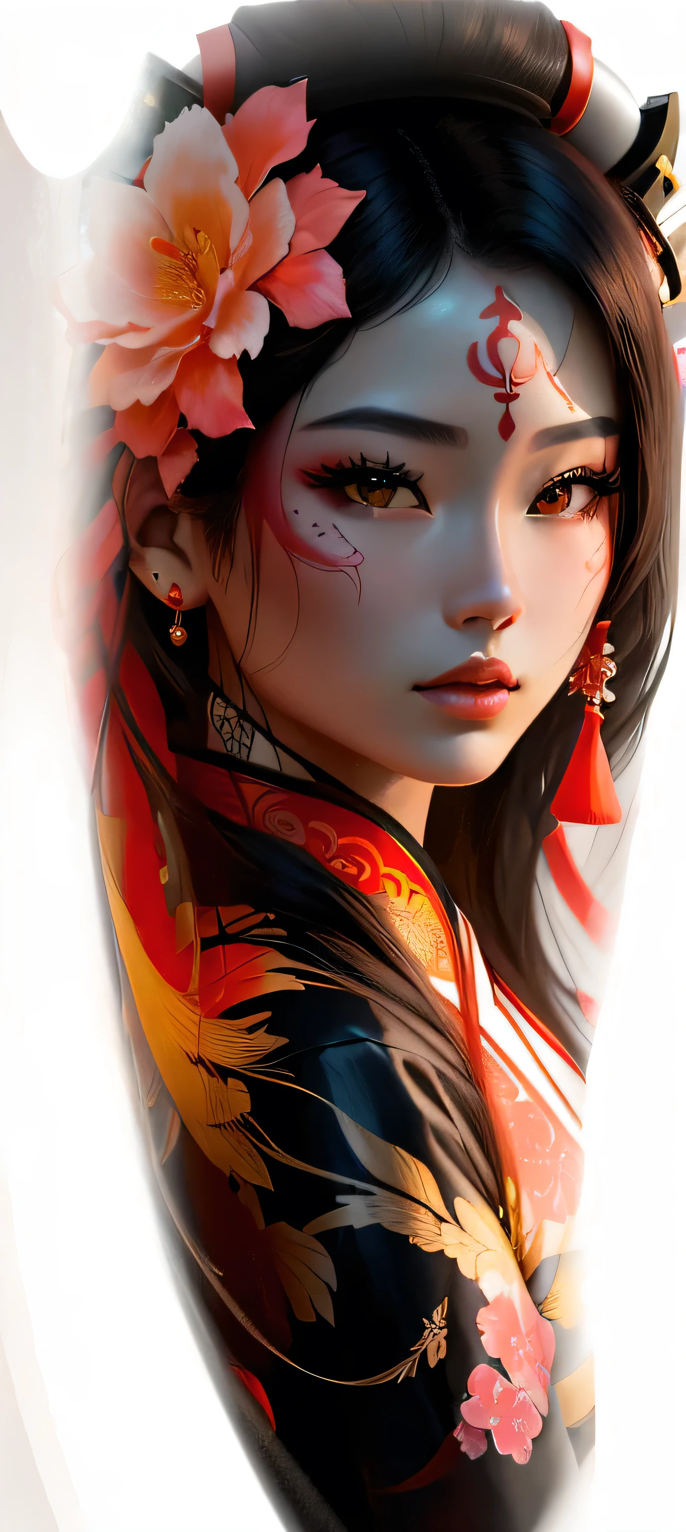 um close de uma mulher com o rosto vermelho e um barco, tatuagem de gueixa, digital art with airbrush, inspirado em Torii Kiyonobu I, gueixa ciberpunk, detailed face of an Asian girl, airbrush art, inspirado em Torii Kiyomitsu, inspirado em Torii Kiyomoto, inspirado em Torii Kiyomasu