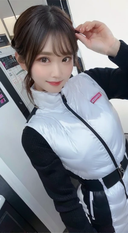 An innocent 20-year-old girl、((White tank top, Dramatic Pose)),smile,BREAK (Spacecraft control room background):2,、BREAK RAW Photos, (8k、highest quality、masterpiece:1.2)、(Intricate details:1.4)、(Photorealistic:1.4)、Octane Rendering、Complex 3D rendering with ultra-detail, Studio Soft Light, Rim Light, Vivid details, Super Detail, Realistic skin texture, Detailed aspect, Beautiful details in the eyes, Highly detailed CG Unity 16k wallpaper, compensate, (Detailed Background:1.2), Glowing Skin, whole body、(astrovest):2,(black long sleeves):5,headphone,smartwatch,((Standing with hands behind back、Leaning forward、Angle from above))