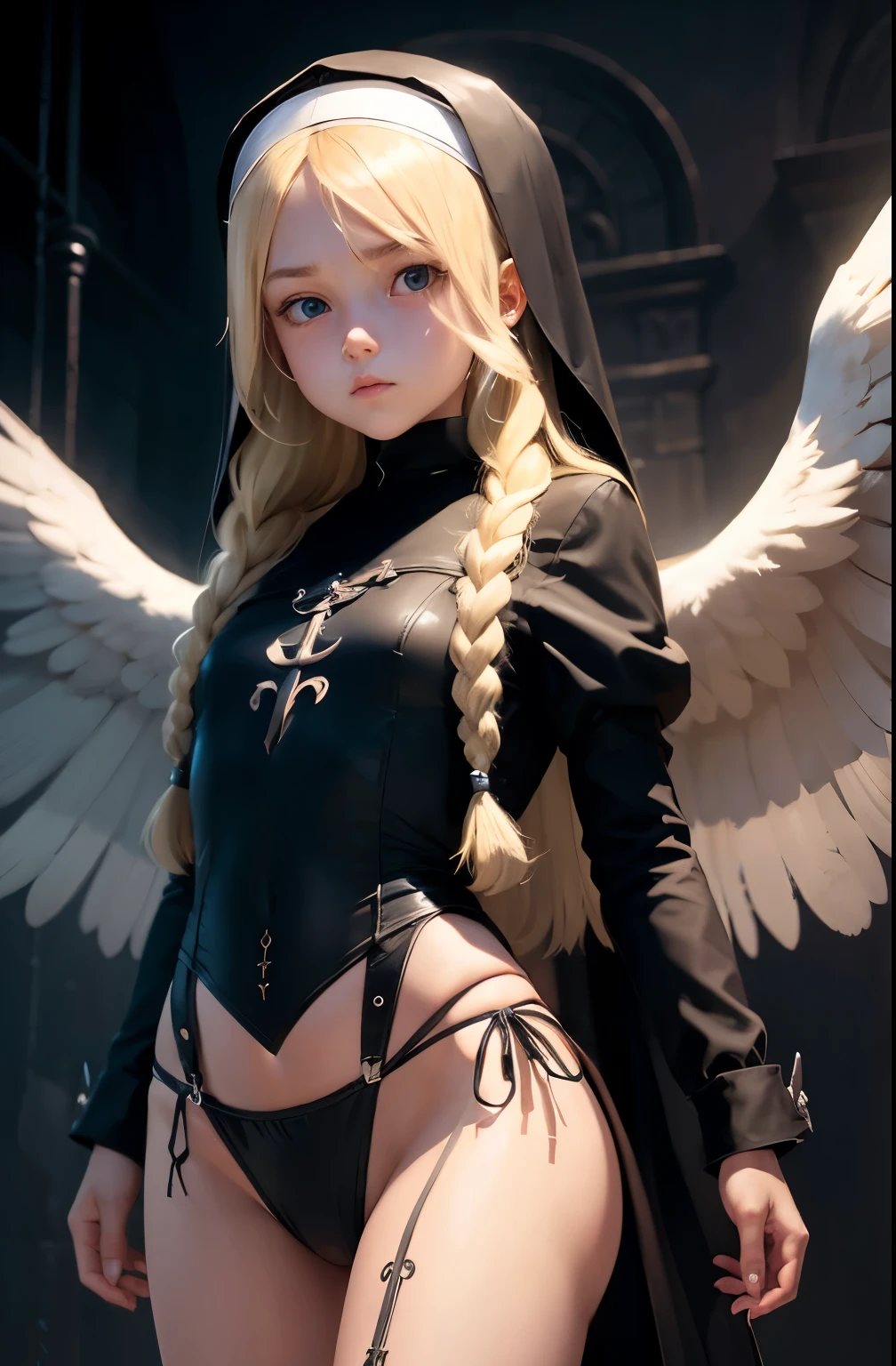 Ultra realistic   girl 8 *********,    body  , long blonde hair frinje braided , nun ,  seios  planos  ,   , pantie  , menacing  face , angel wings  ,  dungeon  .