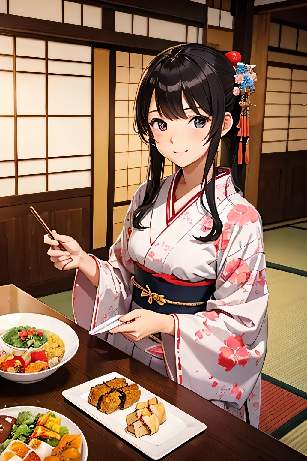 hostel, high school girl, kimono, Japanese food