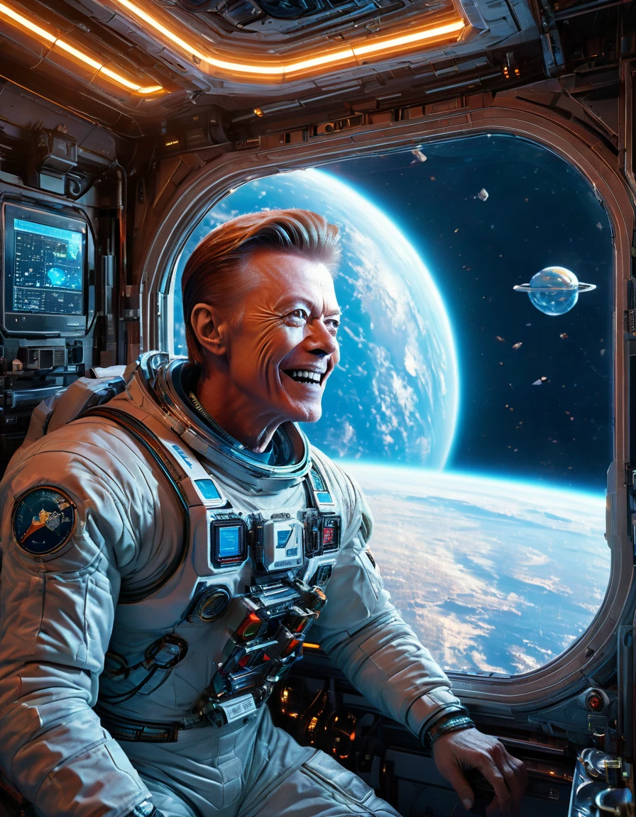 Masterpiece Digital art of 30 yo [Arnold Schwarzenegger:David Bowie:0.45] as Major Tom an astronaut inside a brand new cyberpunk space station (looking at blue Earth:1.2), talking to his friend, happy face, smile on his face, light laughter, detailed face, detailed eyes, detailed exicted expression, (side view:1.2), insanely detailed and intricate, cinematic art by greg rutkowski, directional lighting from the space station window