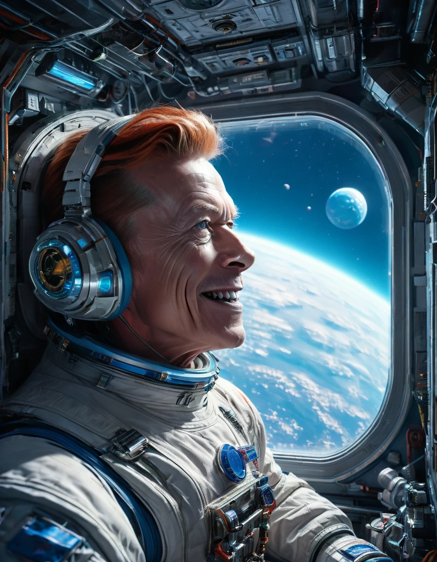 Masterpiece Digital art of 30 yo [Arnold Schwarzenegger:David Bowie:0.45] as Major Tom an astronaut inside a brand new cyberpunk space station (looking at blue Earth:1.2), talking to his friend, happy face, smile on his face, light laughter, detailed face, detailed eyes, detailed exicted expression, (side view:1.2), insanely detailed and intricate, cinematic art by greg rutkowski, directional lighting from the space station window