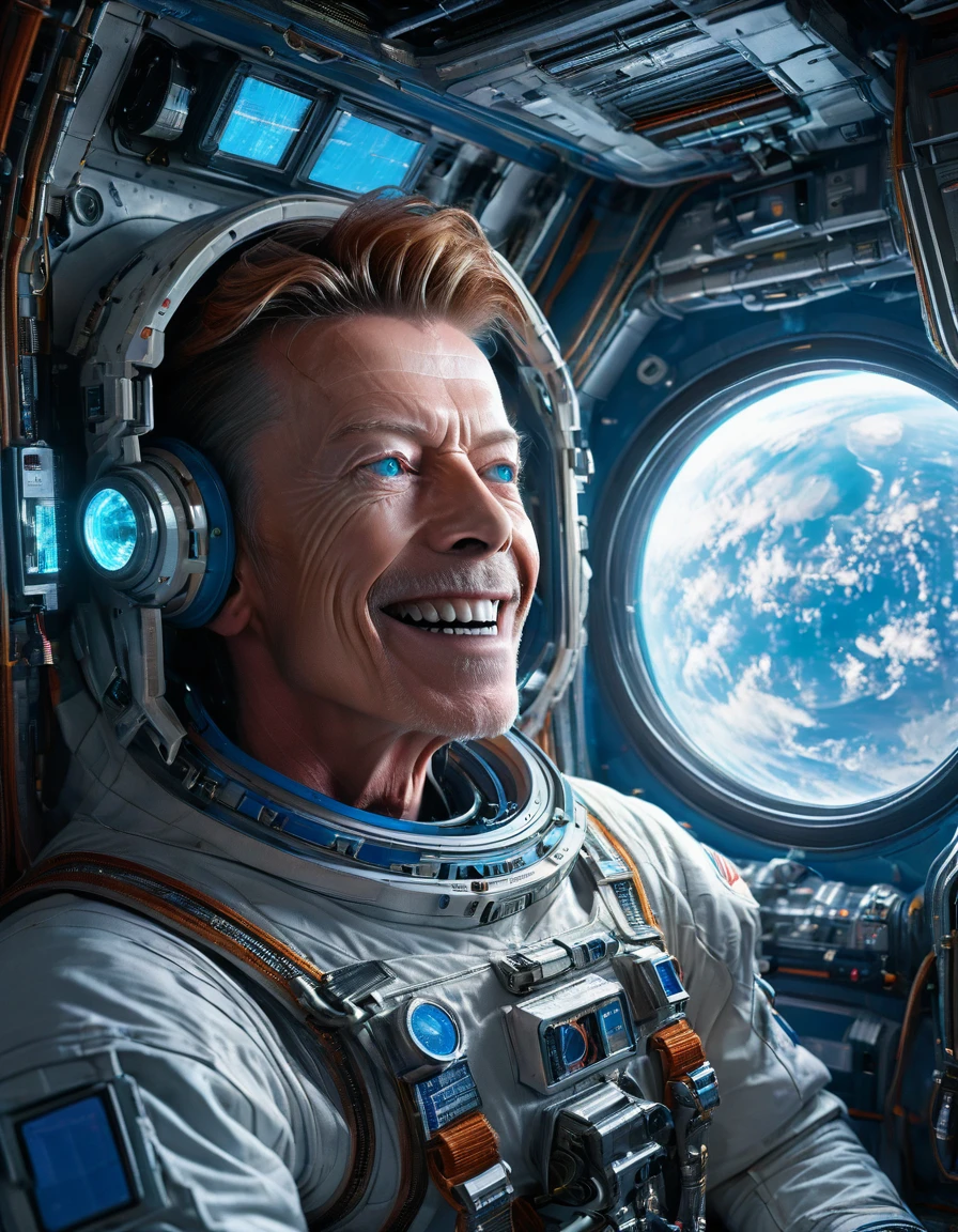 Masterpiece Digital art of 30 yo [Arnold Schwarzenegger:David Bowie:0.45] as Major Tom an astronaut inside a brand new cyberpunk space station (looking at blue Earth:1.2), talking to his friend, happy face, smile on his face, light laughter, detailed face, detailed eyes, detailed exicted expression, (side view:1.2), insanely detailed and intricate, cinematic art by greg rutkowski, directional lighting from the space station window