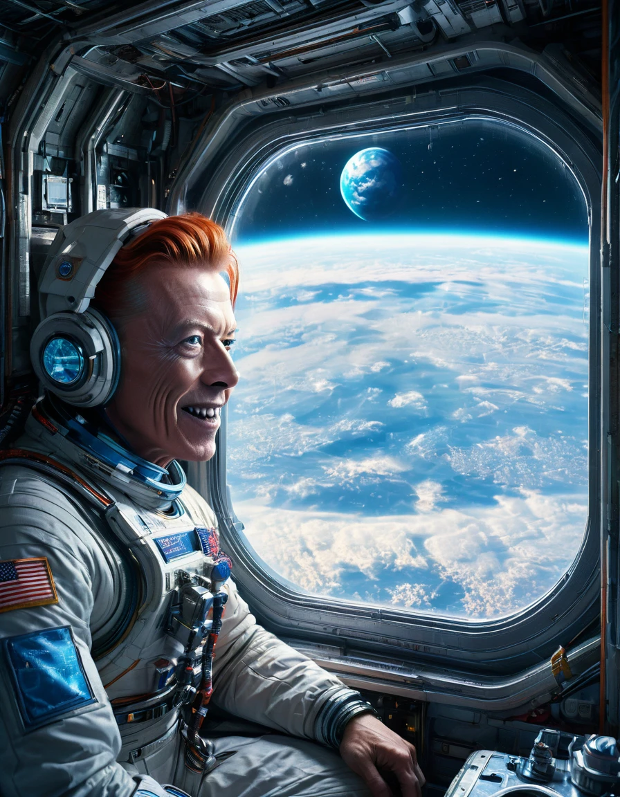 Masterpiece Digital art of 30 yo [Arnold Schwarzenegger:David Bowie:0.45] as Major Tom an astronaut inside a brand new cyberpunk space station (looking at blue Earth:1.2), talking to his friend, happy face, smile on his face, light laughter, detailed face, detailed eyes, detailed exicted expression, (side view:1.2), insanely detailed and intricate, cinematic art by greg rutkowski, directional lighting from the space station window