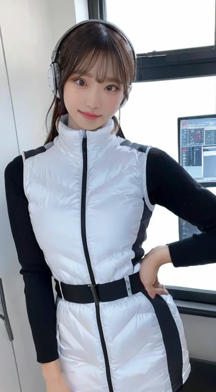 An innocent 20-year-old girl、((White tank top, Dramatic Pose)),smile,BREAK (Spacecraft control room background):2,、BREAK RAW Photos, (8k、highest quality、masterpiece:1.2)、(Intricate details:1.4)、(Photorealistic:1.4)、Octane Rendering、Complex 3D rendering with ultra-detail, Studio Soft Light, Rim Light, Vivid details, Super Detail, Realistic skin texture, Detailed aspect, Beautiful details in the eyes, Highly detailed CG Unity 16k wallpaper, compensate, (Detailed Background:1.2), Glowing Skin, whole body、(astrovest):2,(black long sleeves):5,headphone,smartwatch,((Standing with hands behind back、Leaning forward、Angle from above))