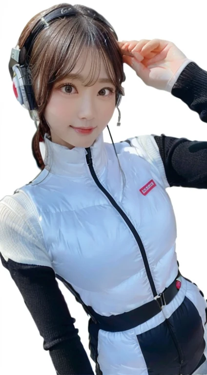 An innocent 20-year-old girl、((White tank top, Dramatic Pose)),smile,BREAK (Spacecraft control room background):2,、BREAK RAW Photos, (8k、highest quality、masterpiece:1.2)、(Intricate details:1.4)、(Photorealistic:1.4)、Octane Rendering、Complex 3D rendering with ultra-detail, Studio Soft Light, Rim Light, Vivid details, Super Detail, Realistic skin texture, Detailed aspect, Beautiful details in the eyes, Highly detailed CG Unity 16k wallpaper, compensate, (Detailed Background:1.2), Glowing Skin, whole body、(astrovest):2,(black long sleeves):5,headphone,smartwatch,((Standing with hands behind back、Leaning forward、Angle from above))