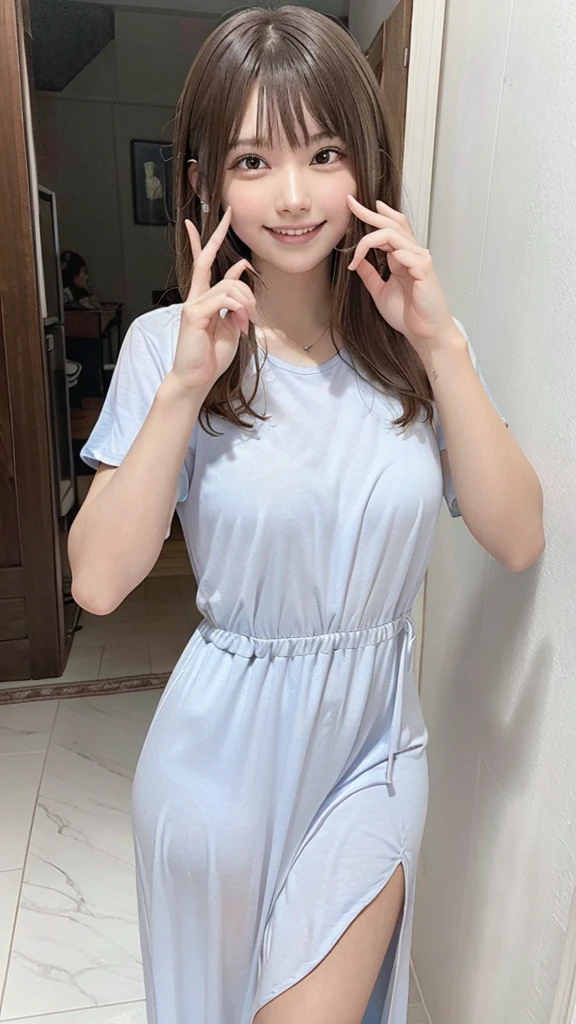 ((Best picture quality, 8K, tmasterpiece:1.3)), 1girll, Beautiful woman with slender abs:1.3, (Casual hairstyle, No leakage), shift dresses:1.1, Ultra-fine face, 詳細な目, 二重まぶた,ssmile,Home