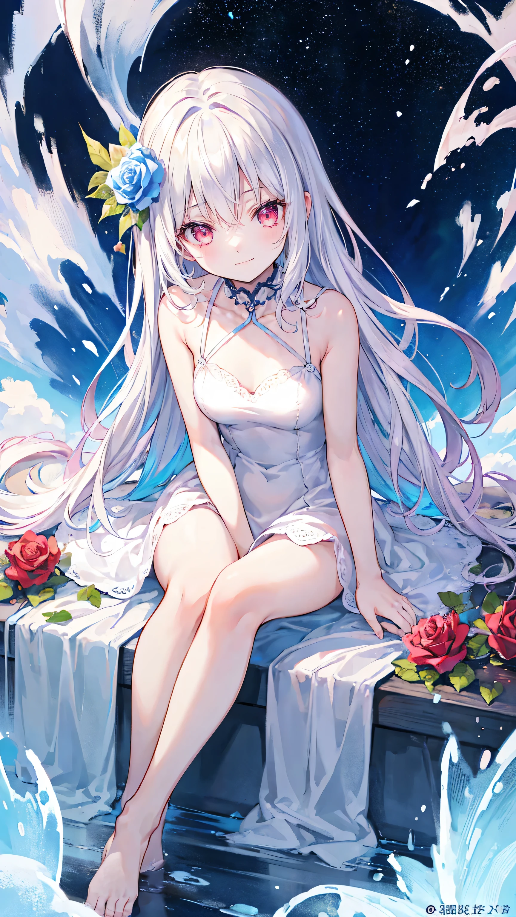 Very cute girl、(8-year-old)、Light Silver Hair、Shortcuts、Bangs too close to the eyes、Glowing red eyes、(Normal Human Ear)、Thin arms、Beautiful body、Thin legs、Flat Chest、Translucent white skin、(Happy smile)、Open your mouth、(Cute one-piece dress).(Rose Garden)、Playing innocently、Ultra HD、Digital SLR、Many colorful roses blooming in the background、Upper Body Shot、Sitting with legs crossed、Sitting with knees hugged、running、