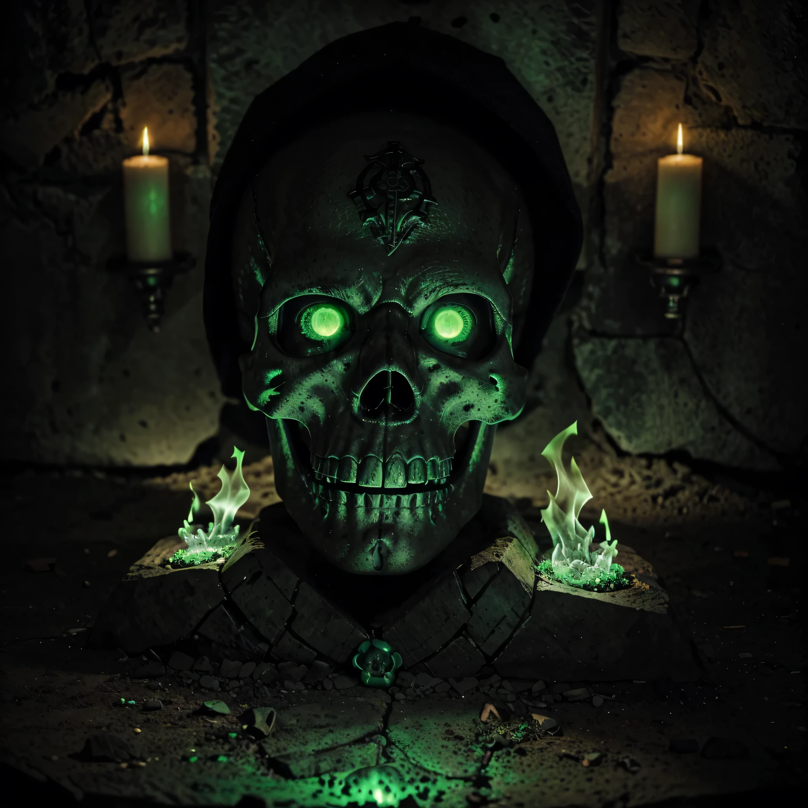 Necromancer's Living Skull, adorned with multiple runic carvings on the bone surface. The eyes of the skull, staring back with green fire from their sockets.
(bone,skeleton,death:detailed), (mysterious:1.1,occult), (ancient,stone-like,weathered,intricate), (mystical:runic carvings:runic symbols:elaborate), (green fire like,glowing eyes:haunting), (dark:green fire), (skull:macabre:foreboding:lifelike), (eerie:1.1), (ethereal,vibrant:dancing flames), (ominous,spellbinding:powerful), (mystical energy,enchanted:1.1), (sinister, ominous, dark magic), (magical aura), (haunting presence), (cursed,mysterious power), (sinister whispers,ancient rituals)