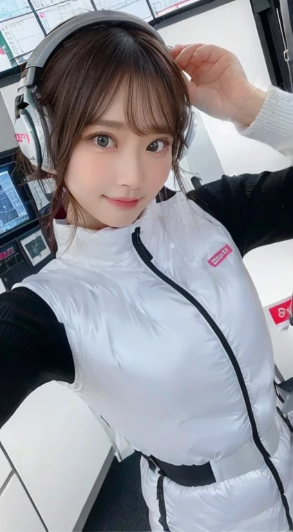 An innocent 20-year-old girl、((White tank top, Dramatic Pose)),smile,BREAK (Spacecraft control room background):2,、BREAK RAW Photos, (8k、highest quality、masterpiece:1.2)、(Intricate details:1.4)、(Photorealistic:1.4)、Octane Rendering、Complex 3D rendering with ultra-detail, Studio Soft Light, Rim Light, Vivid details, Super Detail, Realistic skin texture, Detailed aspect, Beautiful details in the eyes, Highly detailed CG Unity 16k wallpaper, compensate, (Detailed Background:1.2), Glowing Skin, whole body、(astrovest):2,(black long sleeves):5,headphone,smartwatch,((Standing with hands behind back、Leaning forward、Angle from above))