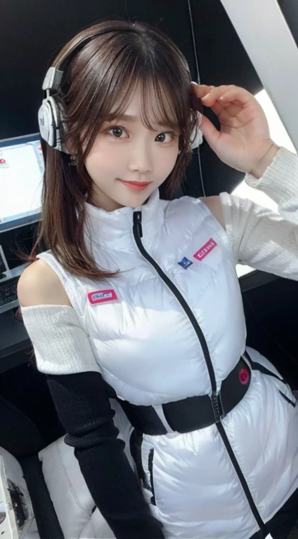 An innocent 20-year-old girl、((White tank top, Dramatic Pose)),smile,BREAK (Spacecraft control room background):2,、BREAK RAW Photos, (8k、highest quality、masterpiece:1.2)、(Intricate details:1.4)、(Photorealistic:1.4)、Octane Rendering、Complex 3D rendering with ultra-detail, Studio Soft Light, Rim Light, Vivid details, Super Detail, Realistic skin texture, Detailed aspect, Beautiful details in the eyes, Highly detailed CG Unity 16k wallpaper, compensate, (Detailed Background:1.2), Glowing Skin, whole body、(astrovest):2,(black long sleeves):5,headphone,smartwatch,((Standing with hands behind back、Leaning forward、Angle from above))