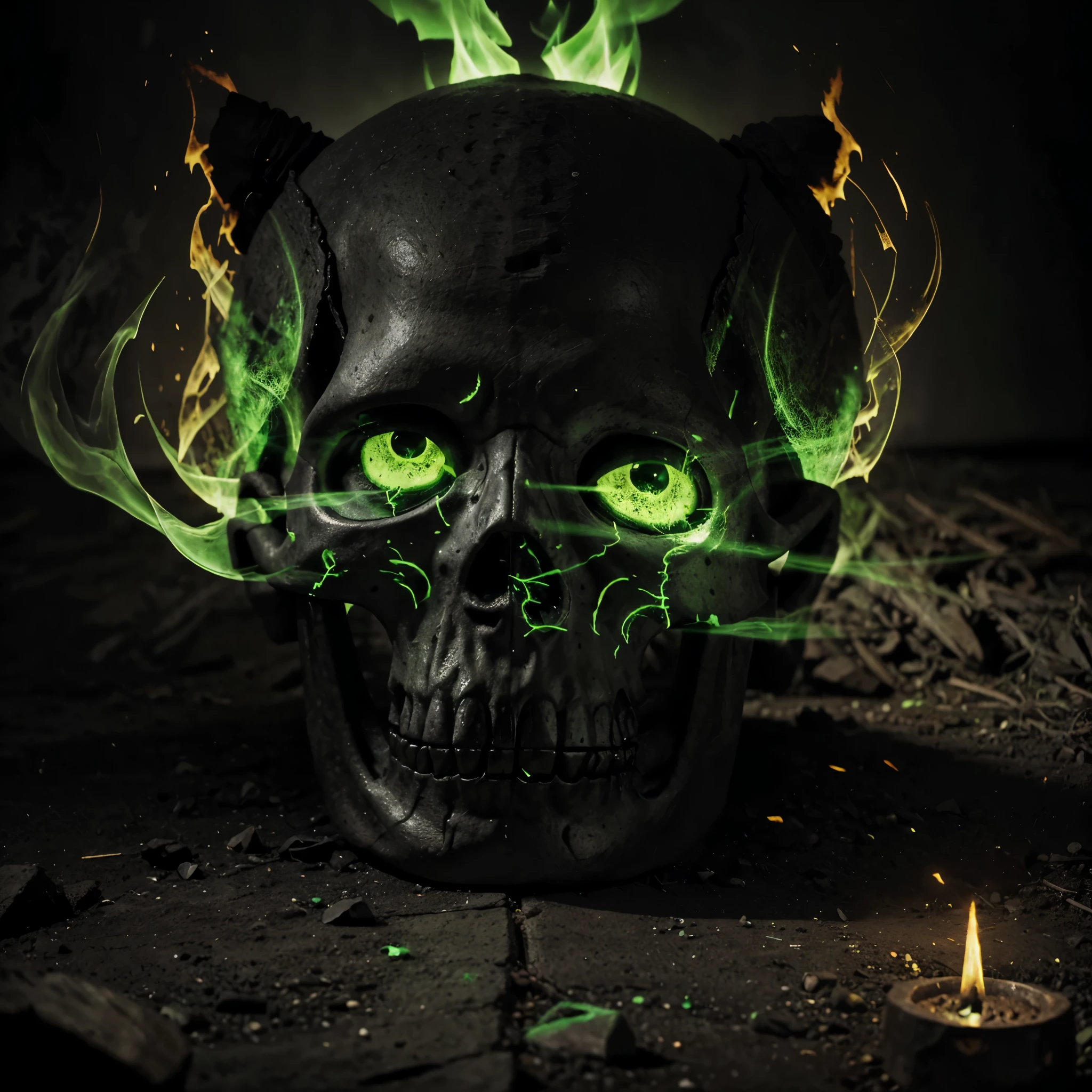 Necromancer's Living Skull, adorned with multiple runic carvings on the bone surface. The eyes of the skull, staring back with green fire from their sockets.
(bone,skeleton,death:detailed), (mysterious:1.1,occult), (ancient,stone-like,weathered,intricate), (mystical:runic carvings:runic symbols:elaborate), (green fire like,glowing eyes:haunting), (dark:green fire), (skull:macabre:foreboding:lifelike), (eerie:1.1), (ethereal,vibrant:dancing flames), (ominous,spellbinding:powerful), (mystical energy,enchanted:1.1), (sinister, ominous, dark magic), (magical aura), (haunting presence), (cursed,mysterious power), (sinister whispers,ancient rituals)