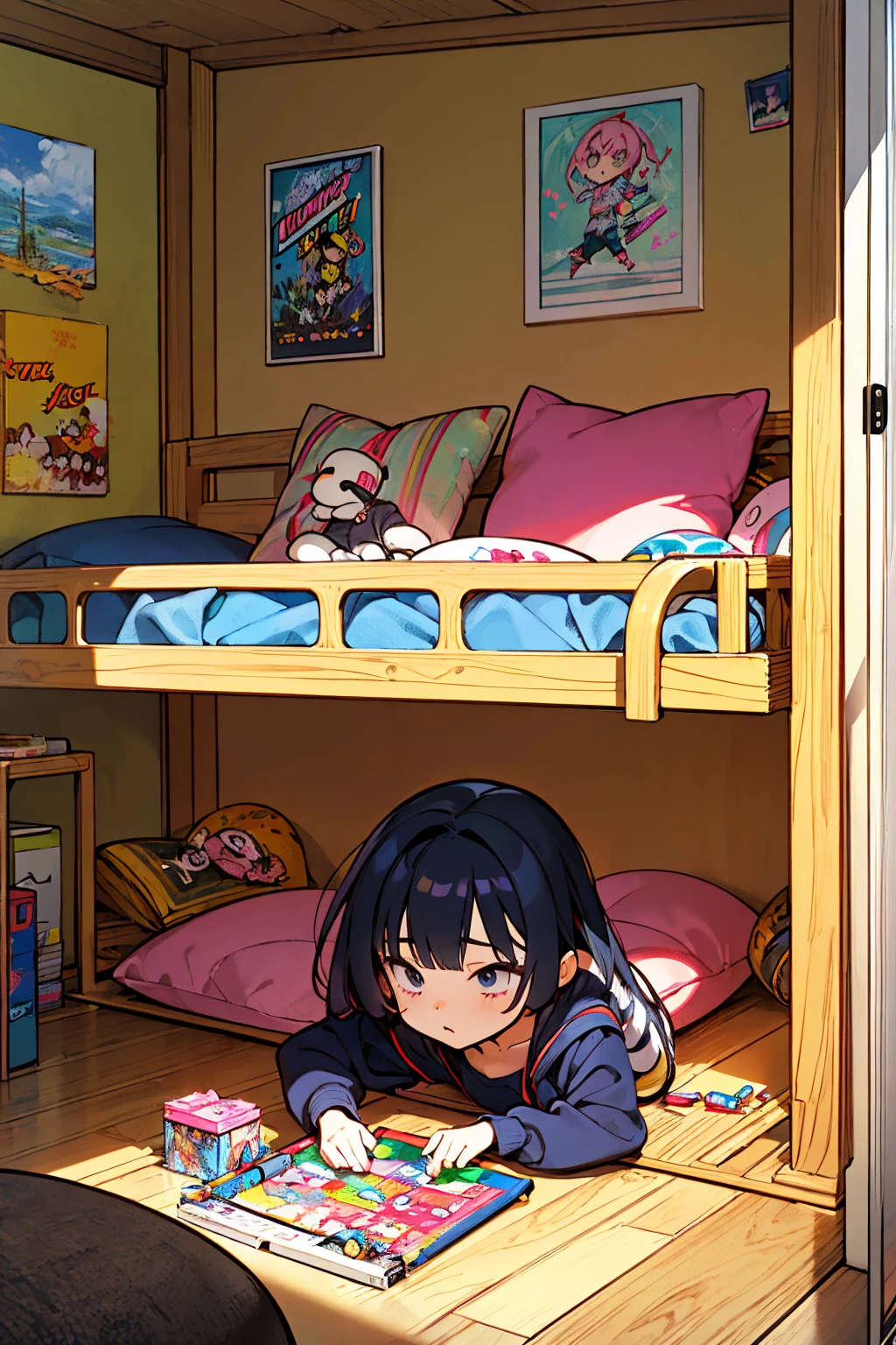 (best quality, extreme detail description, hyper-detailed, masterpiece:1.2), anime style, cute, 3--old aying with crayons in their room, walls covered in crayon drawings, filled with toys.