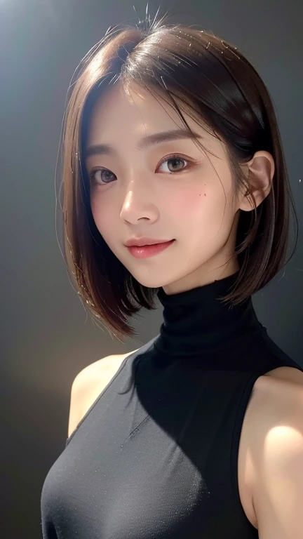 (((Close-up of face)))、(((Absolutely shoulder-length brown straight short bob)))、(((She is posing like a hair salon model, with a black wall indoors as the background.)))、(((Casual black winter long sleeves with shoulders covered)))、Half Japanese, half Korean、18 year old girl、Standing Alone、Looking forward、Light eye makeup、Brown Hair Color、Flat and 、Hair blowing in the wind、Actress Quality、Glossy, ultra-realistic face、Smiling face、Watery eyes、Gazing Up、Subtle lighting effects、 Ultra-Realistic Capture、Very detailed、High resolution 16K close up of human skin。Skin texture must be natural、The details must be such that pores can be clearly seen、The skin is healthy、Uniform tone、Use natural light and colors、A worn-out, high-quality photo taken by a model agency&#39;s in-house photographer.、smile、(((SIGMA 300 mm F/1.4,1/1000 sec shutter,ISO 400)))
