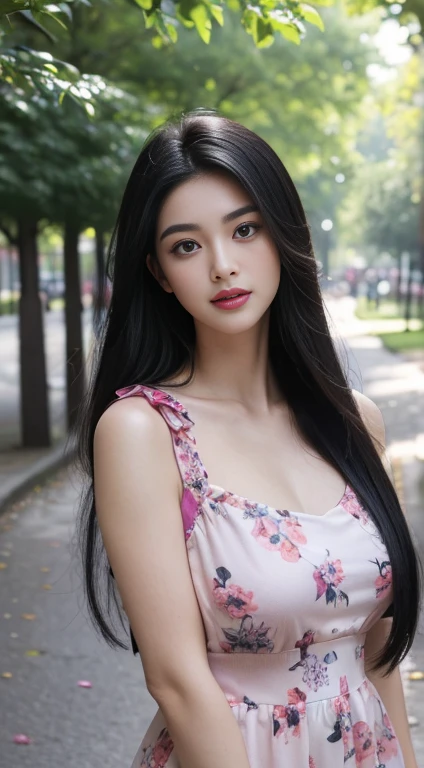 ((Best Quality, 8K, Masterpiece: 1.3)), Bondage Costume (5) Upper Body (1.3), Focus Clear: 1.2, Glossy Skin in the Light, Outstanding Beauty: 1.4, ((long straight black Hair with , Colossal: 1.2)), Highly Detailed Face and Skin Texture, Not Too Dark Parallel Eyebrows Detailed Eyes, Double Eyelids, Smile (1.3) Natural Makeup, Walking in the Sun Through the Trees (5) wearing ((magenta )) floral mini dress in the park