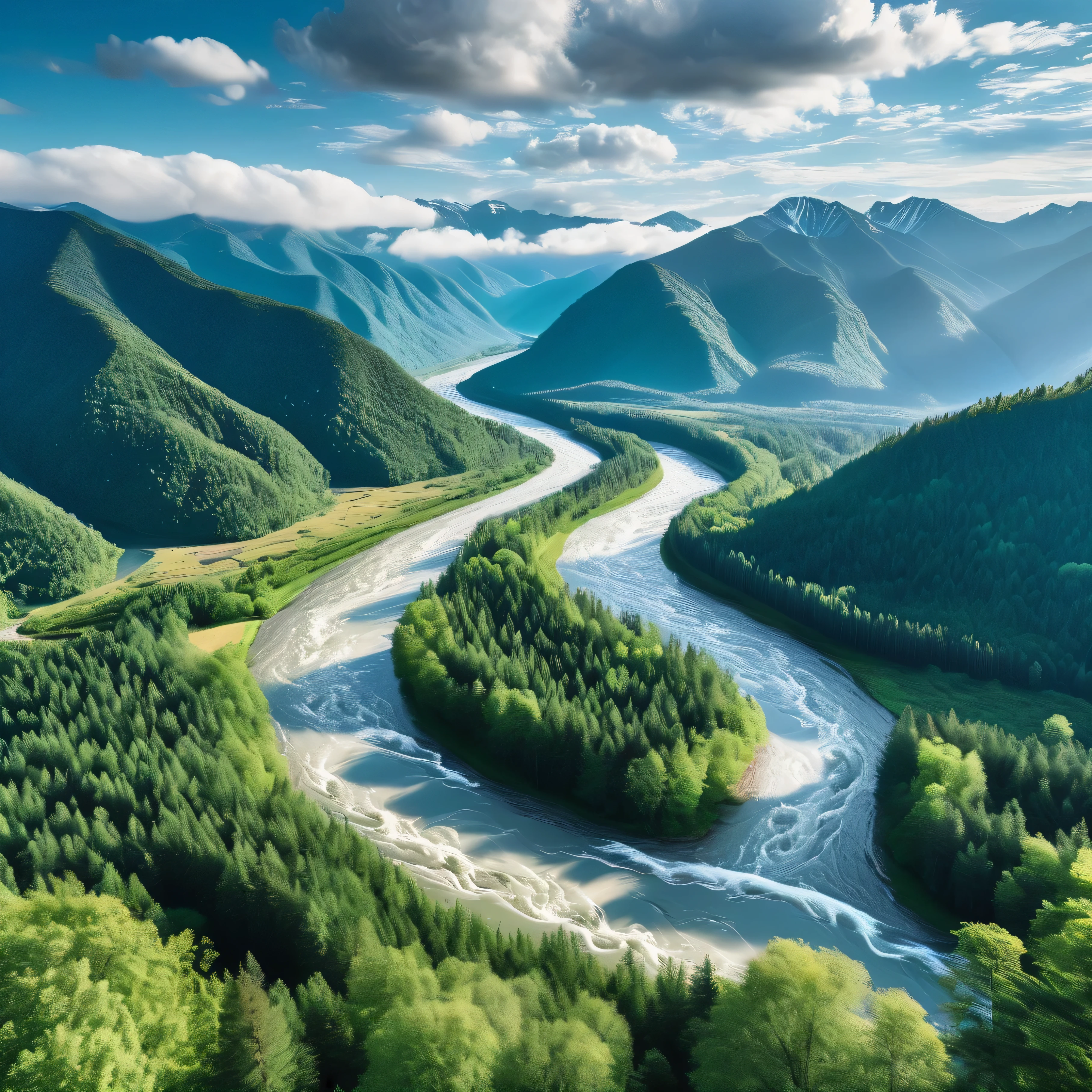 Capture a stunningly detailed (((cinematic photograph))), taken from a lofty perch overlooking a vast (((forest))) and a meandering (((river))) flanked by towering mountain ranges in the background, with clear skies and personalized (((clouds))), optimal weather conditions for a breathtaking day,Clarity, composition, and overall aesthetic appeal.