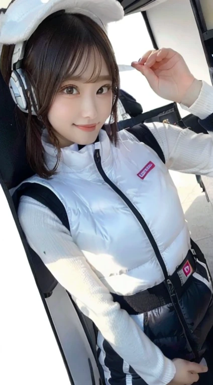 An innocent 20-year-old girl、((White tank top, Dramatic Pose)),smile,BREAK (Spacecraft control room background):2,、BREAK RAW Photos, (8k、highest quality、masterpiece:1.2)、(Intricate details:1.4)、(Photorealistic:1.4)、Octane Rendering、Complex 3D rendering with ultra-detail, Studio Soft Light, Rim Light, Vivid details, Super Detail, Realistic skin texture, Detailed aspect, Beautiful details in the eyes, Highly detailed CG Unity 16k wallpaper, compensate, (Detailed Background:1.2), Glowing Skin, whole body、(astrovest):2,(black long sleeves):5,headphone,smartwatch,((Standing with hands behind back、Leaning forward、Angle from above))