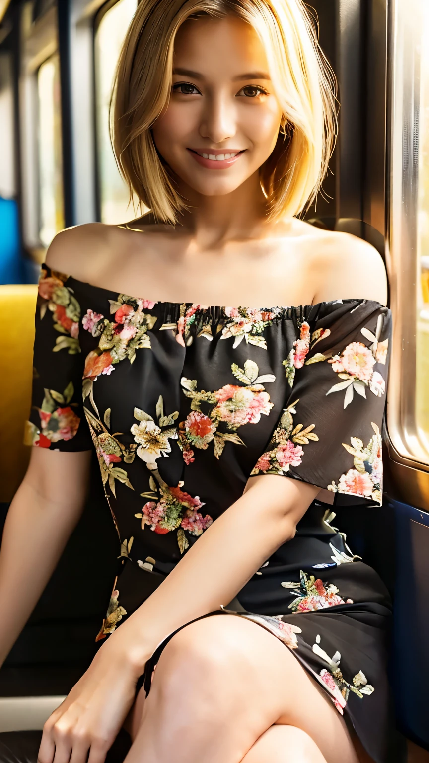 short hair、Black floral blouse dress