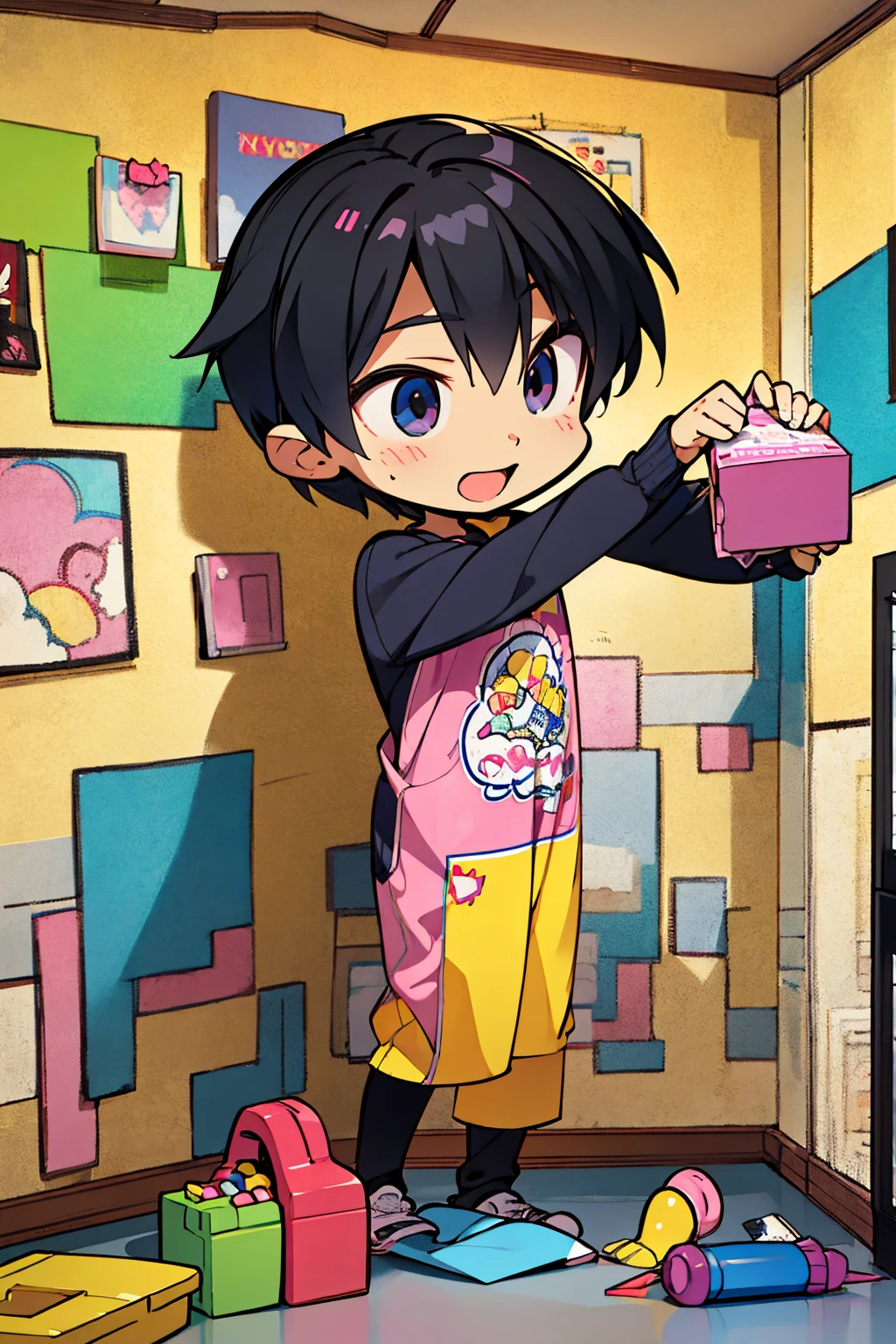 best quality, extremely detailed description, hyper detailed, masterpiece: 1.2, anime style, cute 3 boy playing with crayons in his room happy cheerful, having a good time, walls covered in crayon drawings, full of toys