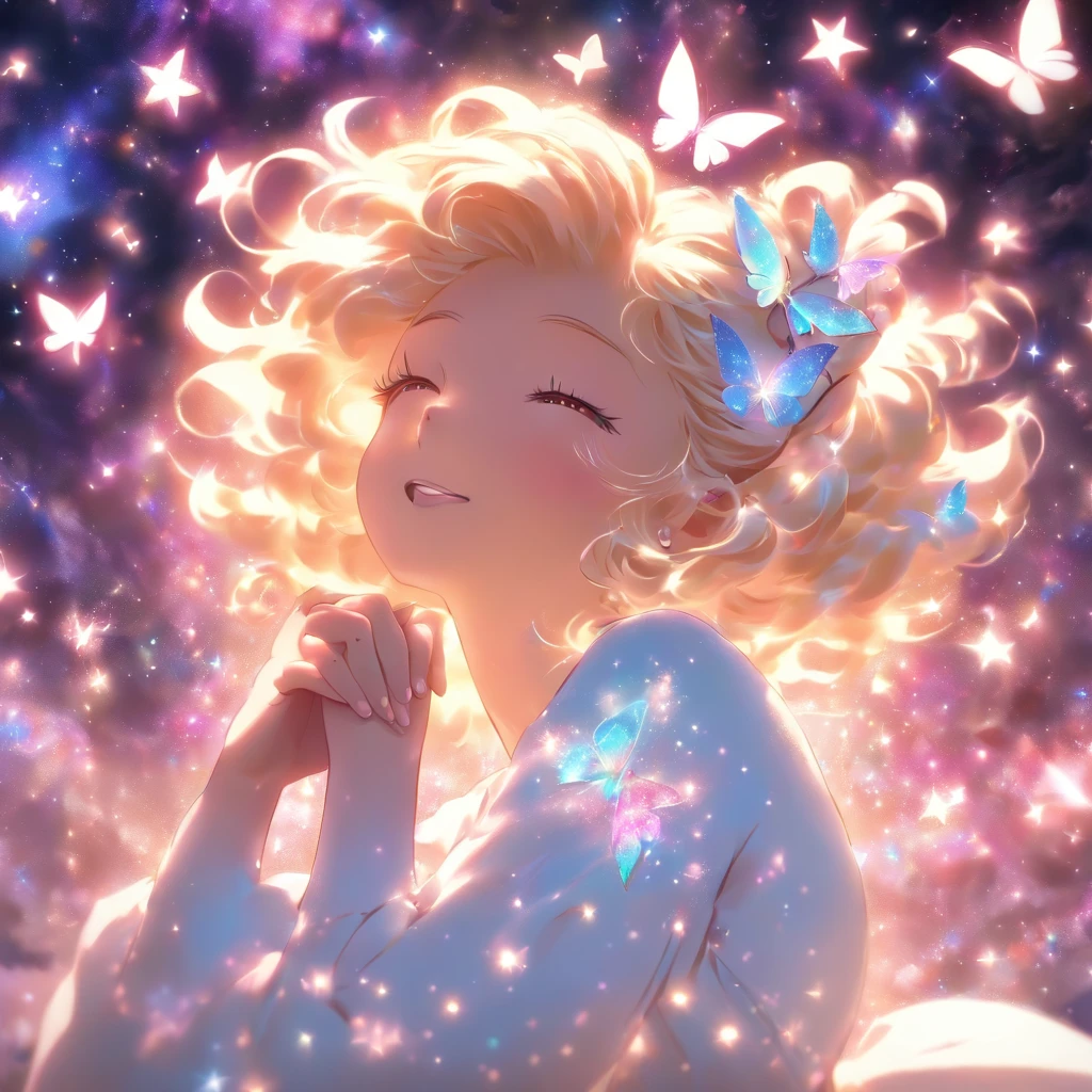 ((A girl kneeling)) wearing a white dress with silver butterfly brooch and crystal diamonds in her hair pink eyes short blonde hair (( looks up into ethereal starry stars and spaces dust space stars under clouds of swirling glitter surrounds her