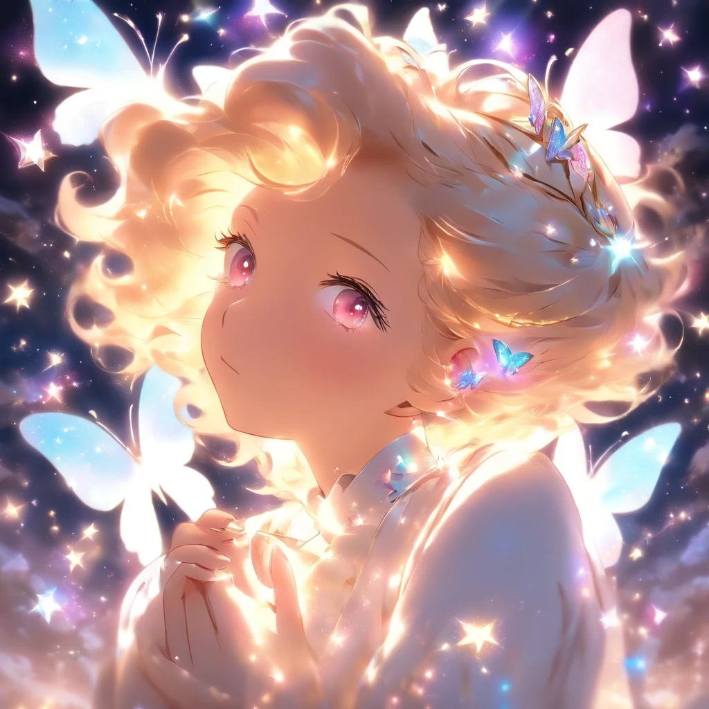 ((A girl kneeling)) wearing a white dress with silver butterfly brooch and crystal diamonds in her hair pink eyes short blonde hair (( looks up into ethereal starry stars and spaces dust space stars under clouds of swirling glitter surrounds her