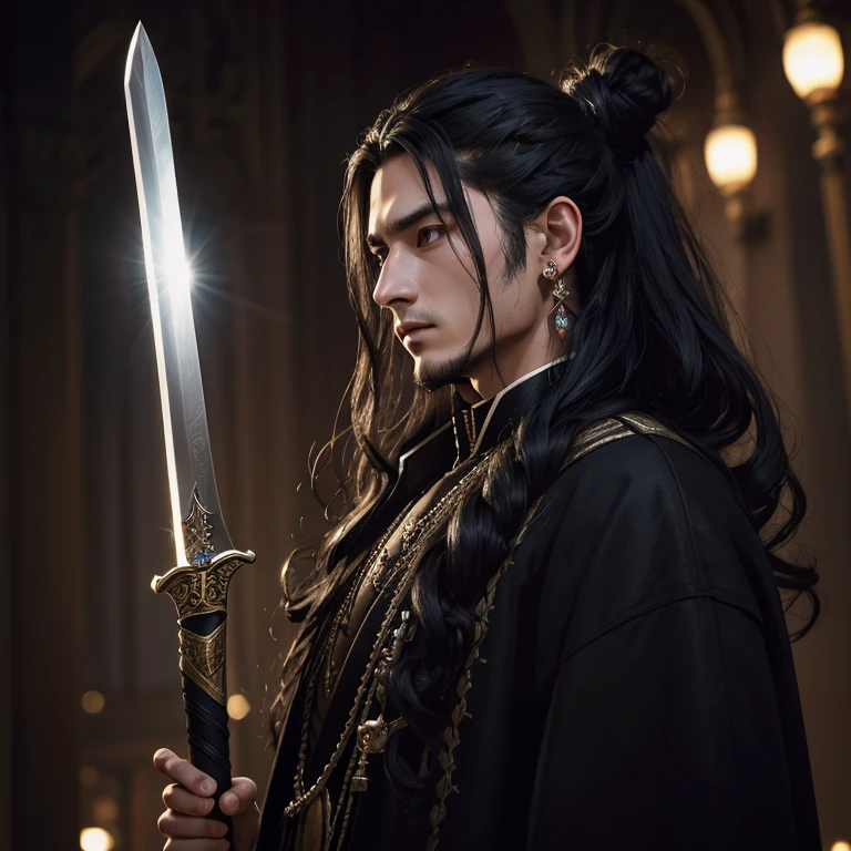 masterpiece,best quality,(1man:1.3), 25 years old, long black hair, small manbun,wavy hair,earings, sword, sorceres style,layered clothes, coat, lens flare,depth of field, from below, serious expressio