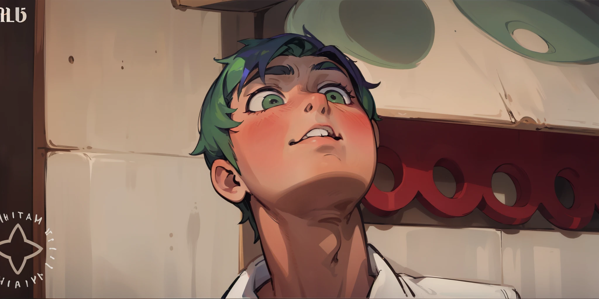 16 year old boy is scared green hair worried looking up
