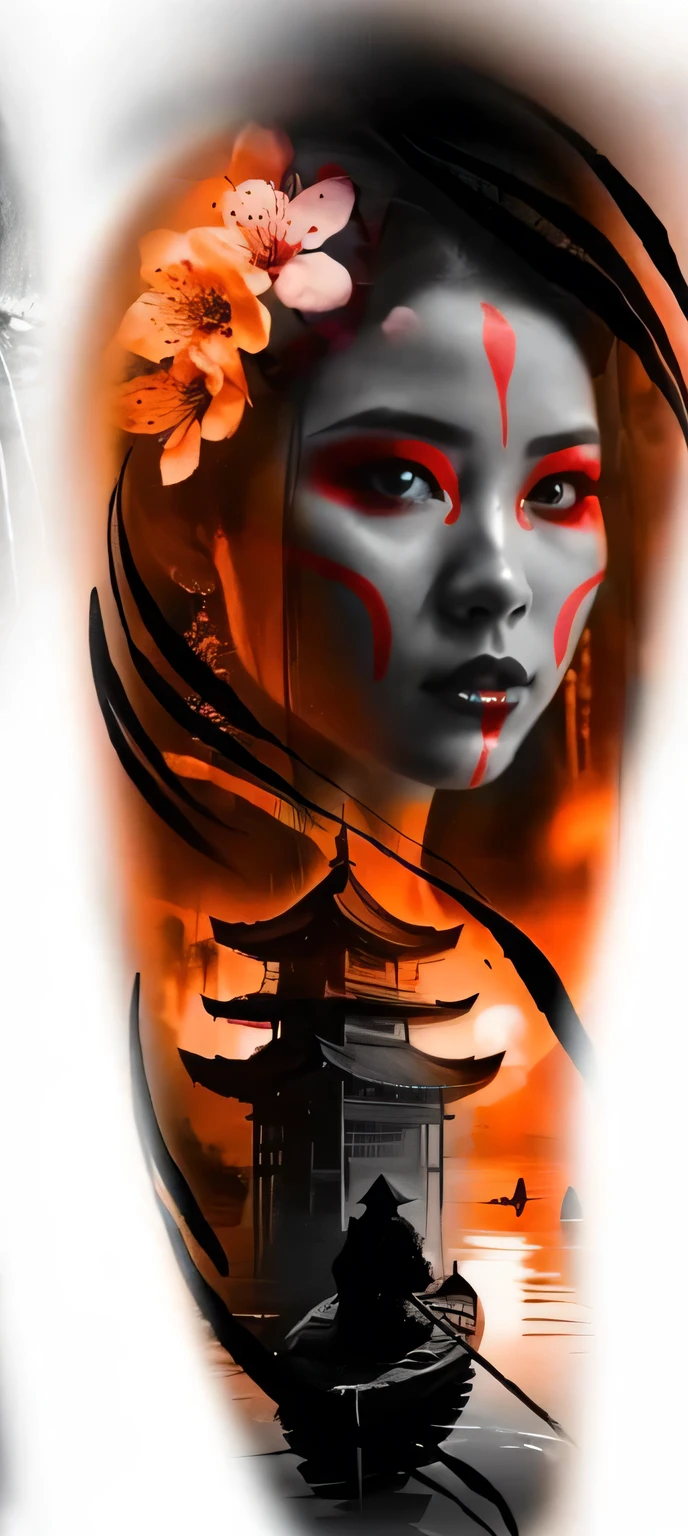 um close de uma mulher com o rosto vermelho e um barco, tatuagem de gueixa, digital art with airbrush, inspirado em Torii Kiyonobu I, gueixa ciberpunk, detailed face of an Asian girl, airbrush art, inspirado em Torii Kiyomitsu, inspirado em Torii Kiyomoto, inspirado em Torii Kiyomasu