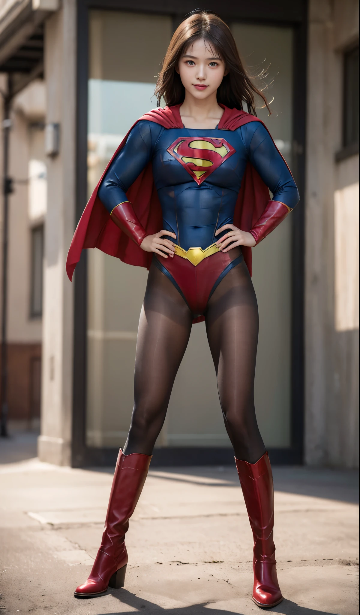 No background、(((Beautiful legs in black tights.)))、(((Legally express the beauty of your smile)))、((((Make the most of your original images)))、(((Supergirl Costume)))、(((Beautiful Hair)))、(((suffering)))、(((Please wear black tights....、Wear red boots)))、((Best image quality、8k))、((highest quality、8k、masterpiece:1.3))、(((Preserve background )))、Sharp focus:1.2、Beautiful woman with perfect figure:1.4、Slim Abs:1.2、Wet body:1.5、Highly detailed face and skin texture、8k