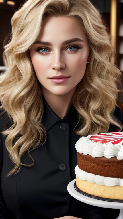 Ultra-realistic cinema master cake with ultra-detailed prime-time portraits, 最high quality, 8k, dessus de la table, ultra HD), 1 fille 38 anannequin de mode, curly blonde hair、chef-d'artwork, 最high quality, high quality, High resolution、Enfiler'Je ne mets pas les choses sur la table、I Enfiler'pas besoin de pizza、(gros plan du visage)、