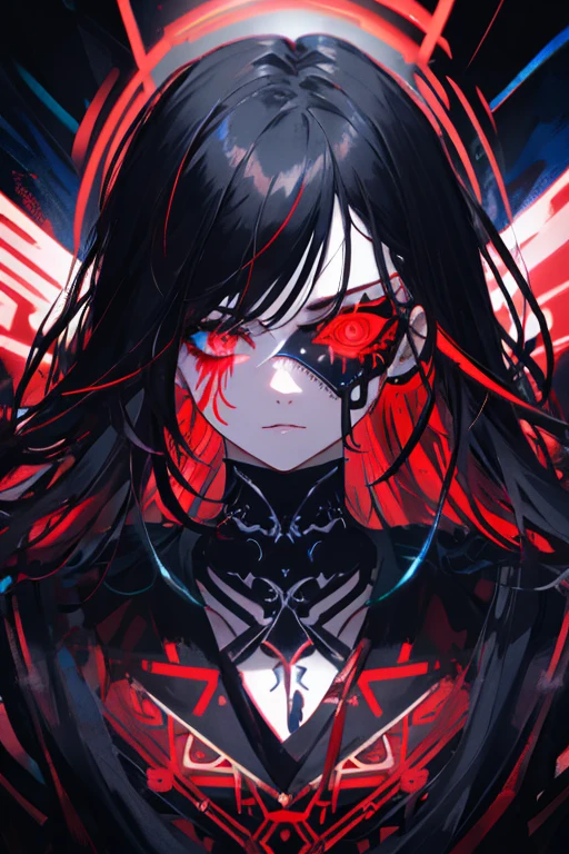 best quality, intricate details, chromatic aberration,
1girl, long hair, black hair, messy hair, red highlights, hair over one eye, red eyes, sharp eyes,
choker, neon shirt, torn legwear, open jacket,
glowing tattoos, glow, neon lights,
blacklight, eye patch, chains