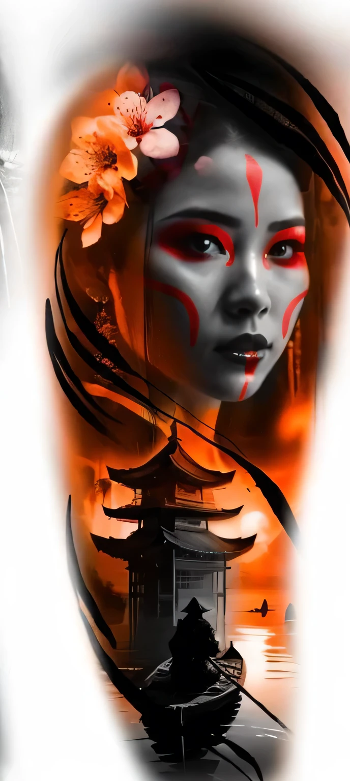 um close de uma mulher com o rosto vermelho e um barco, tatuagem de gueixa, digital art with airbrush, inspirado em Torii Kiyonobu I, gueixa ciberpunk, detailed face of an Asian girl, airbrush art, inspirado em Torii Kiyomitsu, inspirado em Torii Kiyomoto, inspirado em Torii Kiyomasu