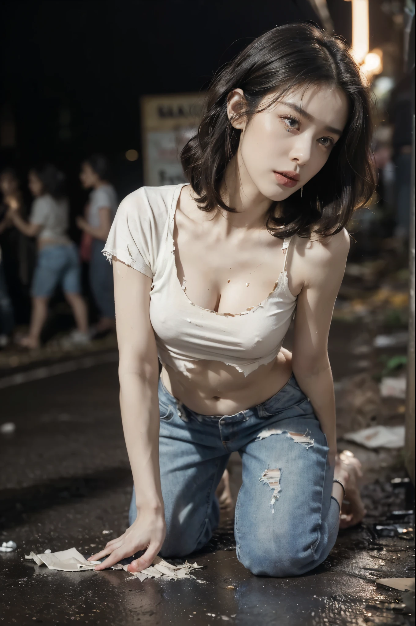 ((((8k))),((Extremely meticulous CG)) ,(wallpaper),16k,((Extremely refined and beautiful)),(((Masterpiece))),(((best qualtiy))),(((Ultra High Resolution))),realistic shaded,(Smooth and flawless fair skin:1.5),(pale skin:1.3),(Extremely exquisite facial details:1.2),(perfect body:1.2),(ultra-detailed:1.2),((A beautiful girl,solo)),(small head:1.2),(medium straight bob hair:1.3),(messy hair:1.3),(small face:1.2),(dirty face:1.2),(small breasts:1.2),(flat chests:1.2),(cleavage:1.3),(navel:1.3),(slim,thin),(sad:1.5),(crying:1.5),(weeping:1.5),(tears:1.5),(torn t-shirt:1.5),(torn pants:1.3),(sneakers:1.2),(night scene:1.5),(outdoor:1.2),(In the slums:1.5),(In a dilapidated alley:1.3),(Full of garbage on the ground:1.3),(detailed background:1.5),(Kneeling:1.3),(arms behind back:1.3),(full body:1.3),(from front:1.3),(surrounded by crowded crowds:1.5),(night scene:1.5),(dark atmosphere:1.5)